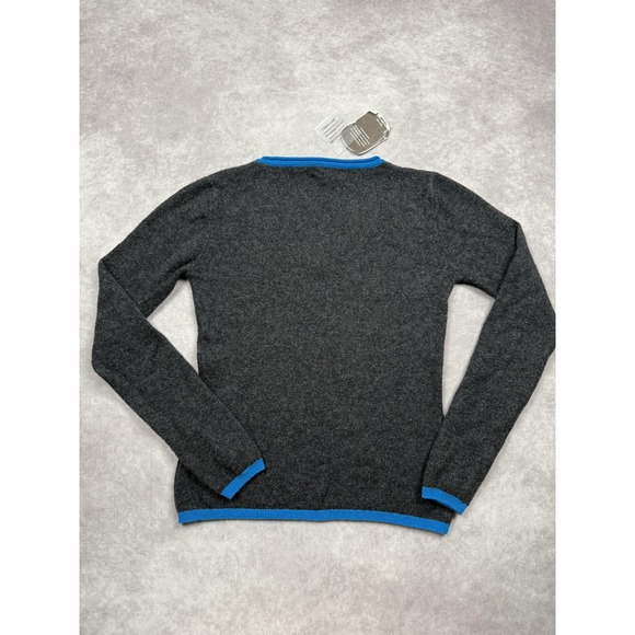 NWT Qi Cashmere Sweater Women Small Gray Blue Trim V Neck 100% Cashmere Pullover - Picture 11 of 16
